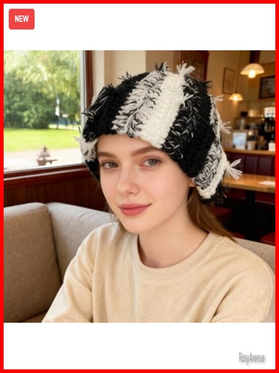 Chunky Crochet Beanie Casual Cuffed Winter Hat with Boho Tassel Knot